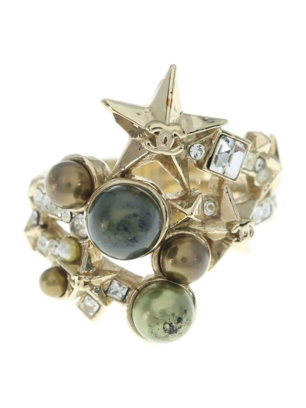 Chanel CC Logo Star Ring Rhinestone Silver